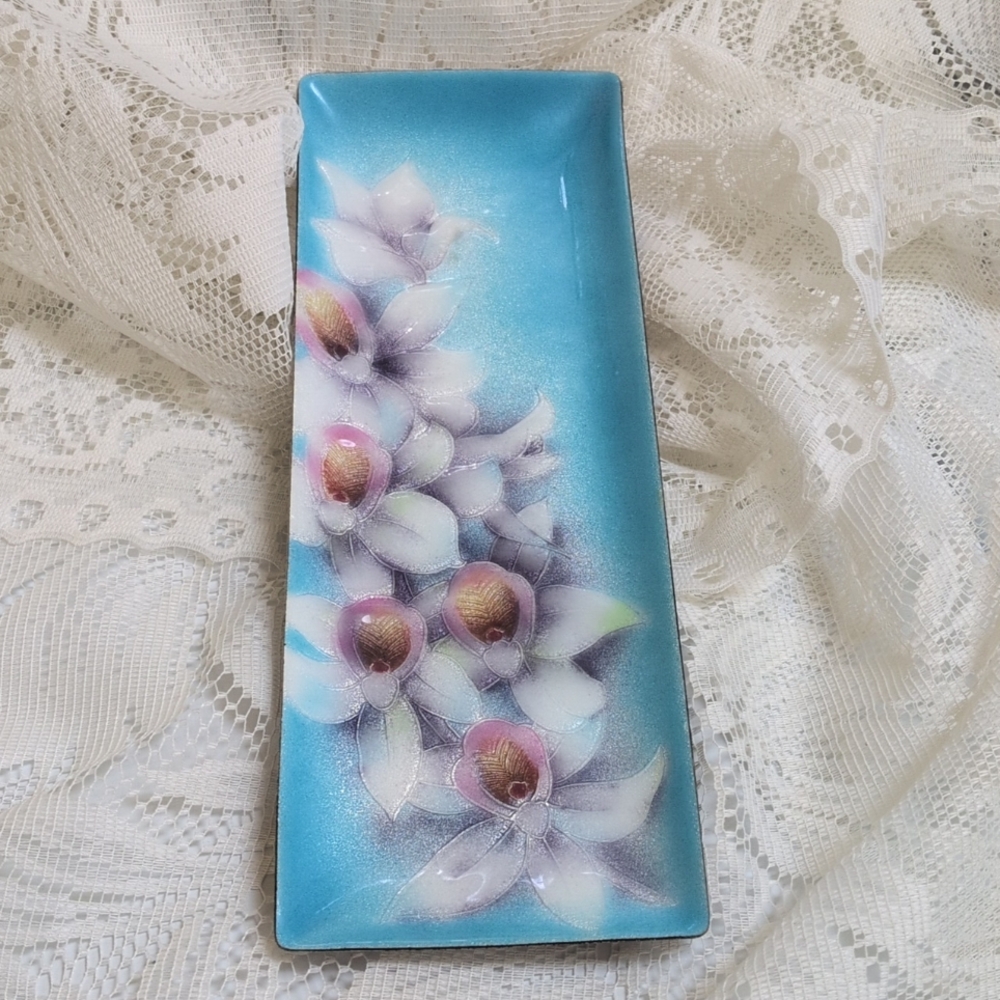 Vintage Japanese Tutanka Enamel Tray Floral ORCHIDS 9x3"